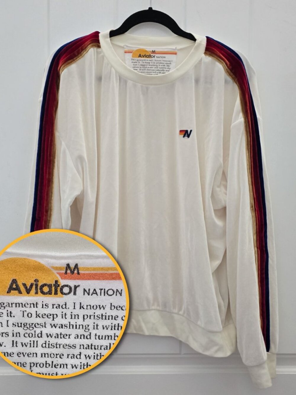 Aviator Nation Sweatshirt Sz M Cream Signature Rainbow Racer Stripe Crew